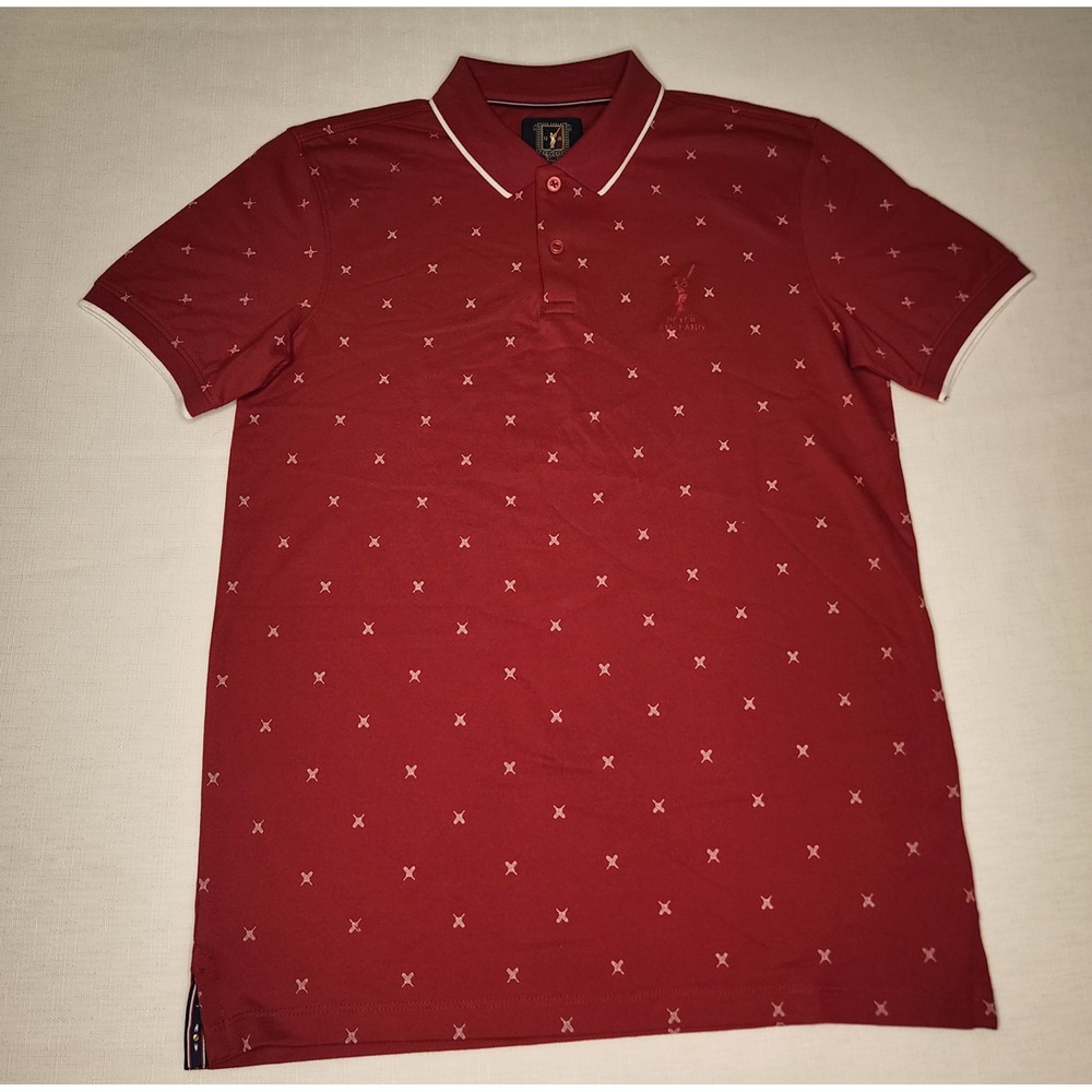 Peter England Golf Polo Mens Medium Red Printed Pique Short Sleeve Preppy New